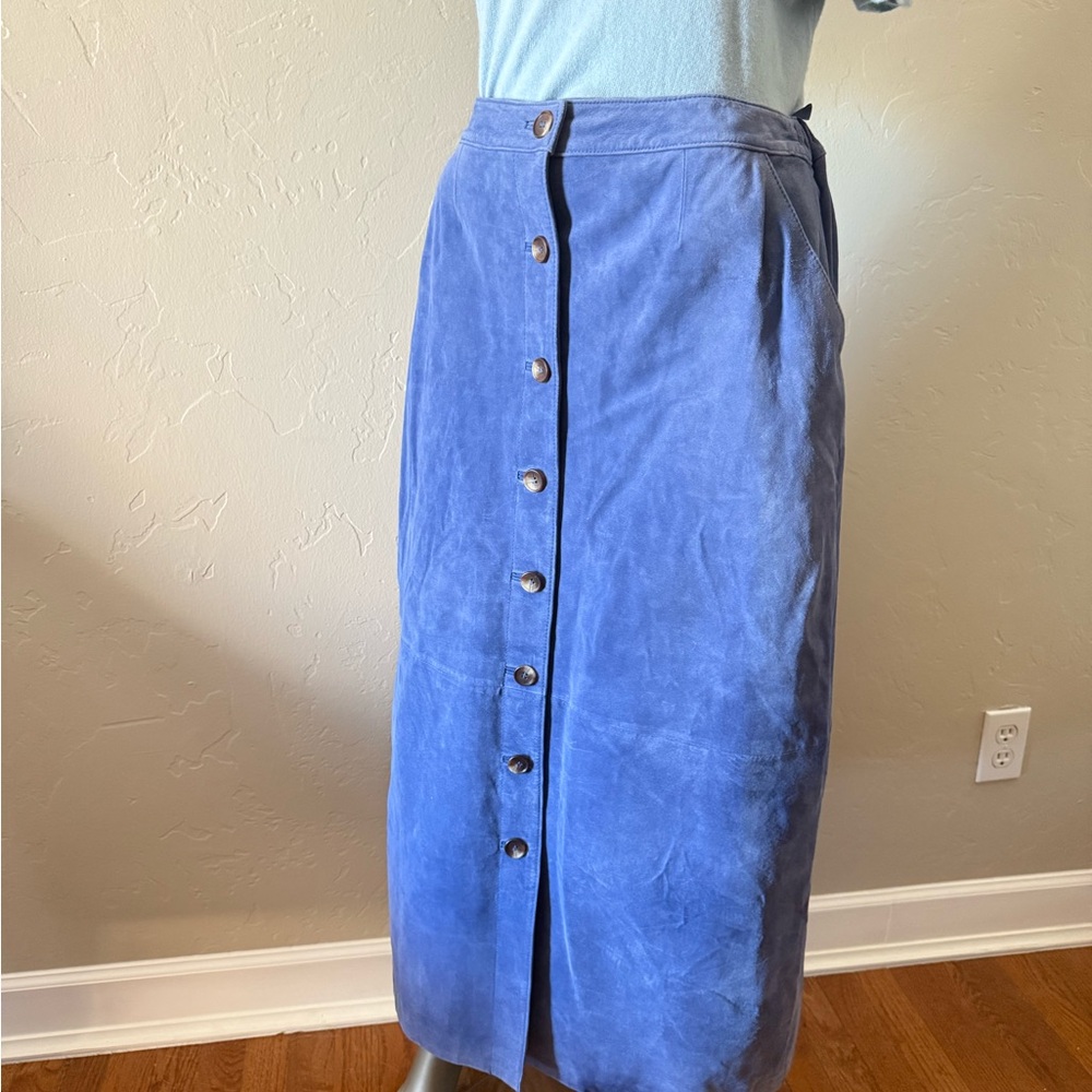 Monterey‎ Bay Ice Blue Suede Button-Front Women's Midi Pencil Skirt NWOT - Picture 2 of 12